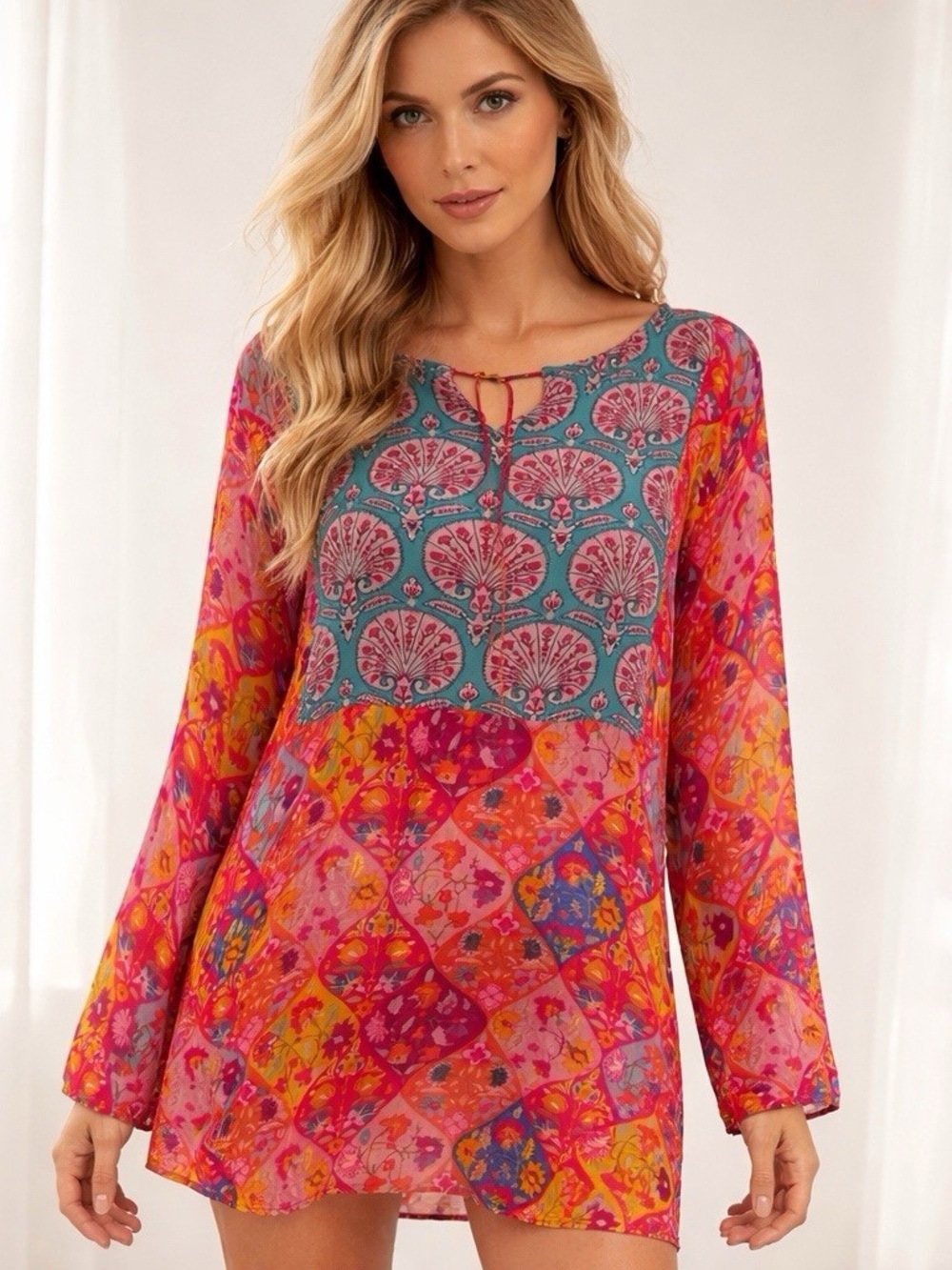 Benares Boho Floral Patchwork Tunic Top Cover Up Pink Multi Size Small
